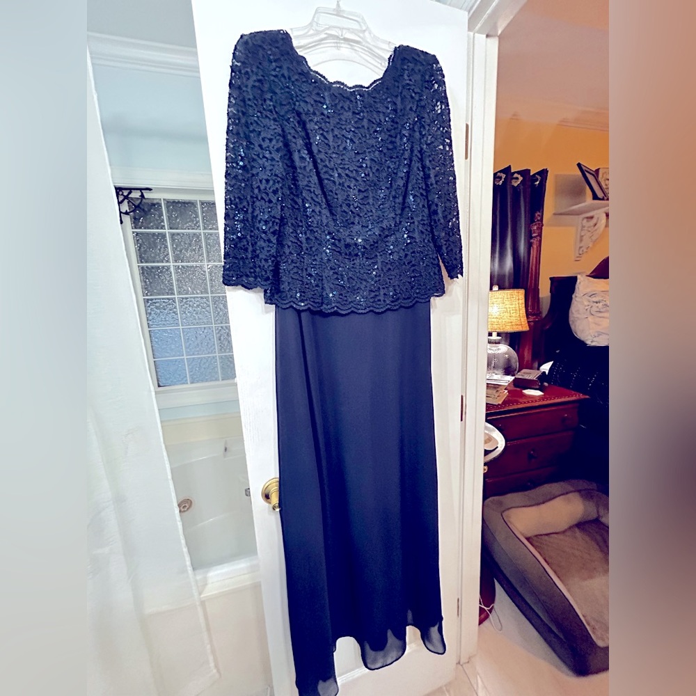 Size 10 Navy,  Elbow length, sequined evening gown.